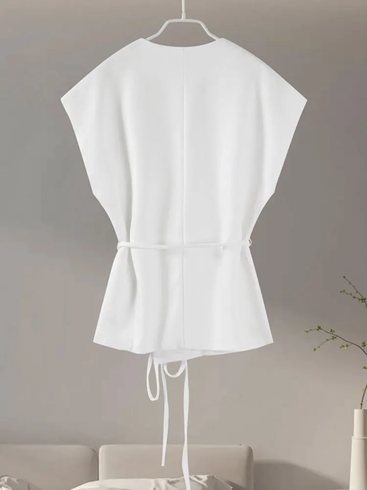 HH Women Vintage Solid Vest With Lace Up Sleeveless V Neck Shirt Summer Female Casual Commuting Chic Top Blouse