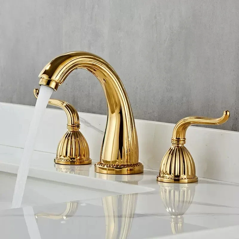 ZGRKAntiqueBrassFinishedBathroomBathtubFaucetDoubleHandles3pcsBasinMixerTapGoldSinkFaucetBathroomBasinFaucet