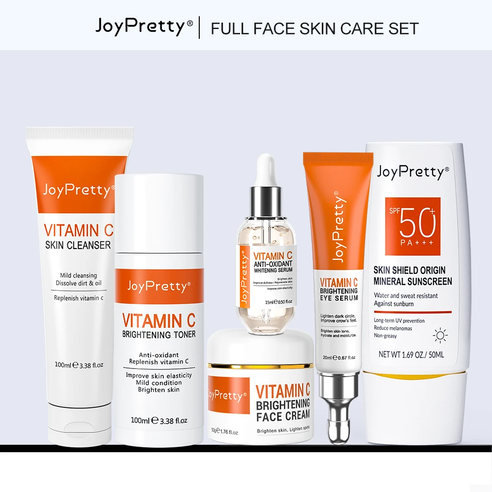 Vitamin C Skincare Set Dark Spots Lightening SPF 50 Whitening Sunscreen Cleanser Serum Cream Dark Circle Skin Care for JoyPretty skin care set