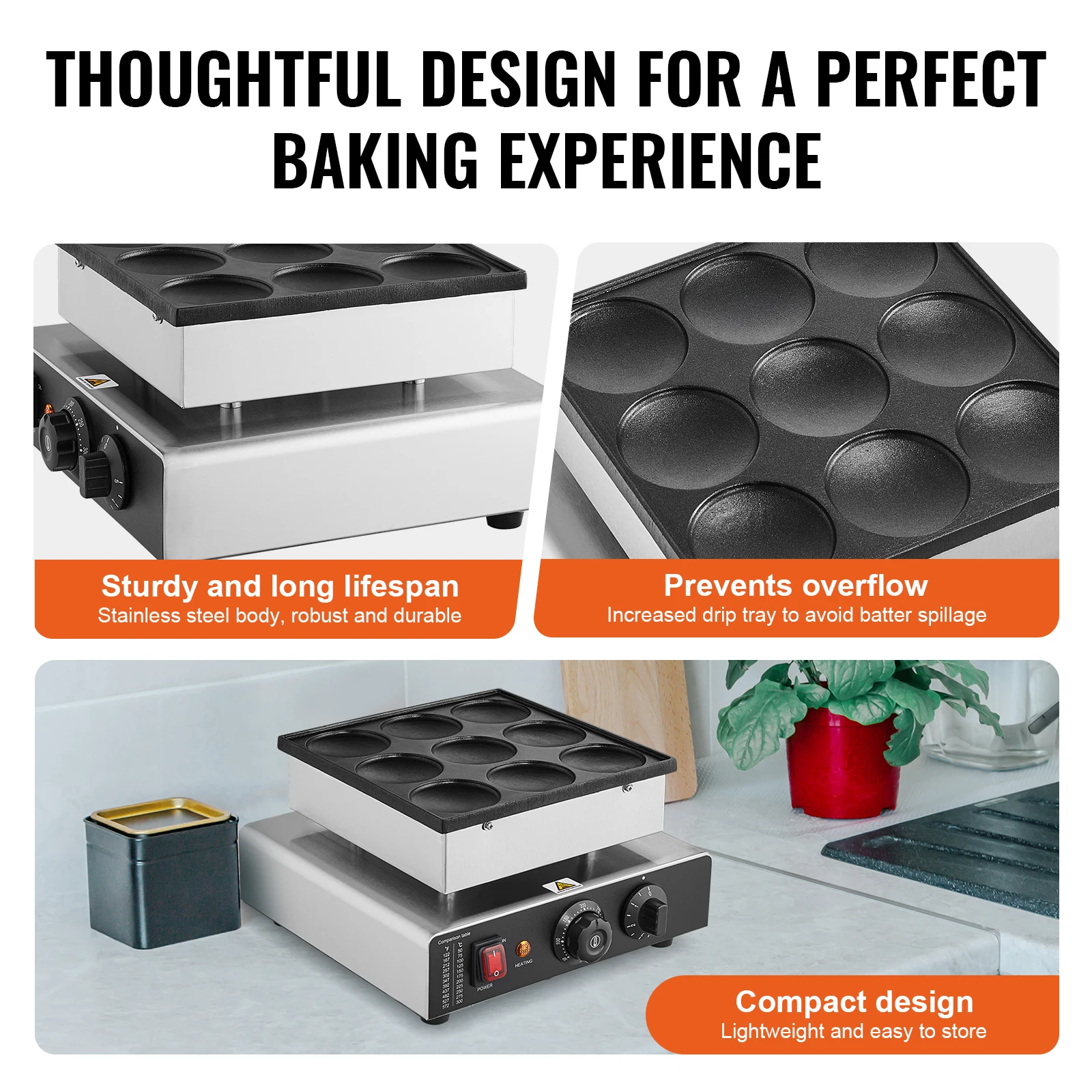 SucceBuy Dutch Pancake Maker 9PCS Diameter Dorayaki Baker Machine Commercial Electric Poffertjes Grill Non-stick Stainless Steel 5