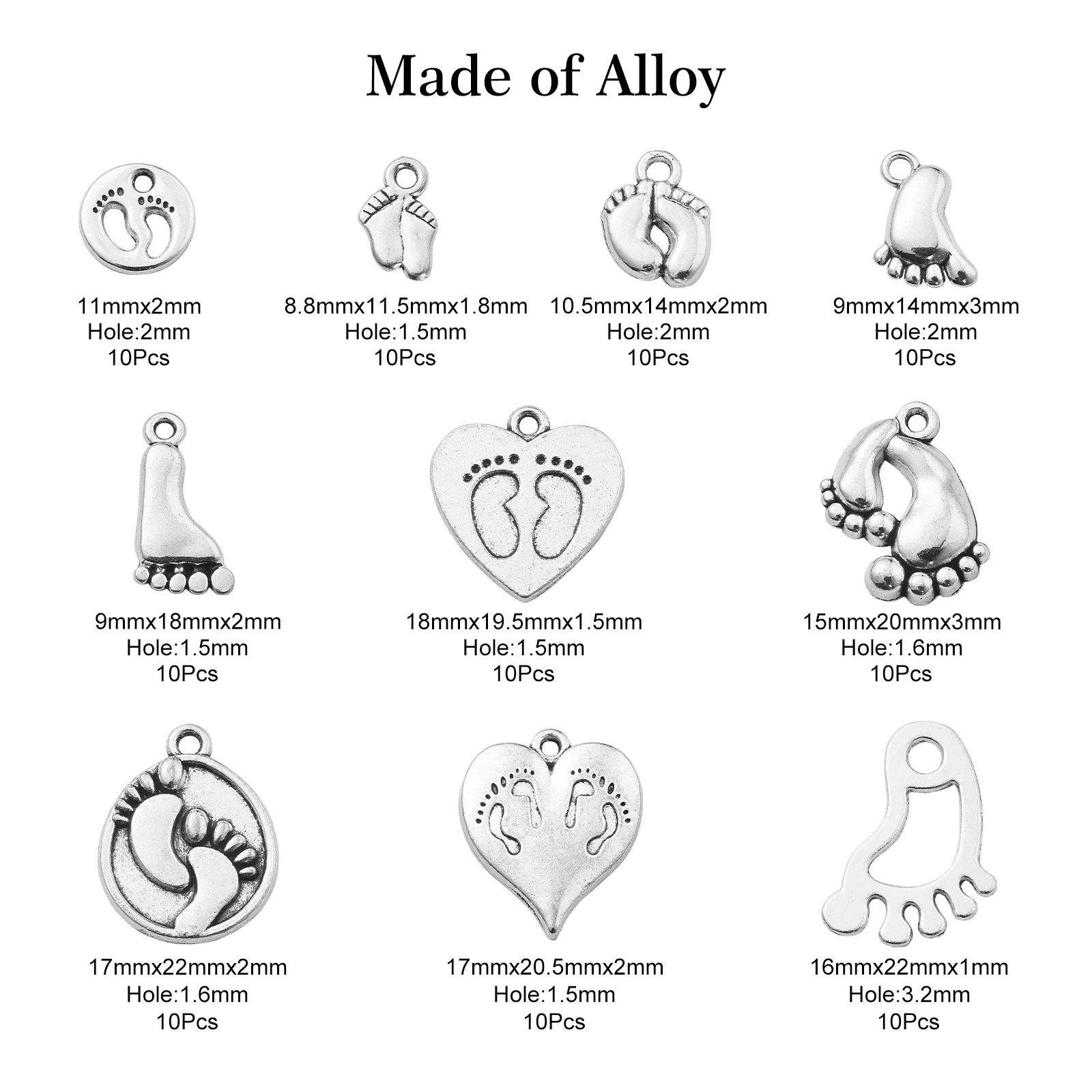 100Pcs 10 Styles Tibetan Footprint Charms Antique Silver First Step Foot Charms for DIY Bracelet Necklace Jewelry Making