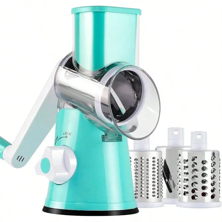 Manual Rotary Cheese Grater, Kitchen Vegetable Slicer and Nut Grinder, Hand Crank Potato Shredder with 3 Replaceable Drum Blades