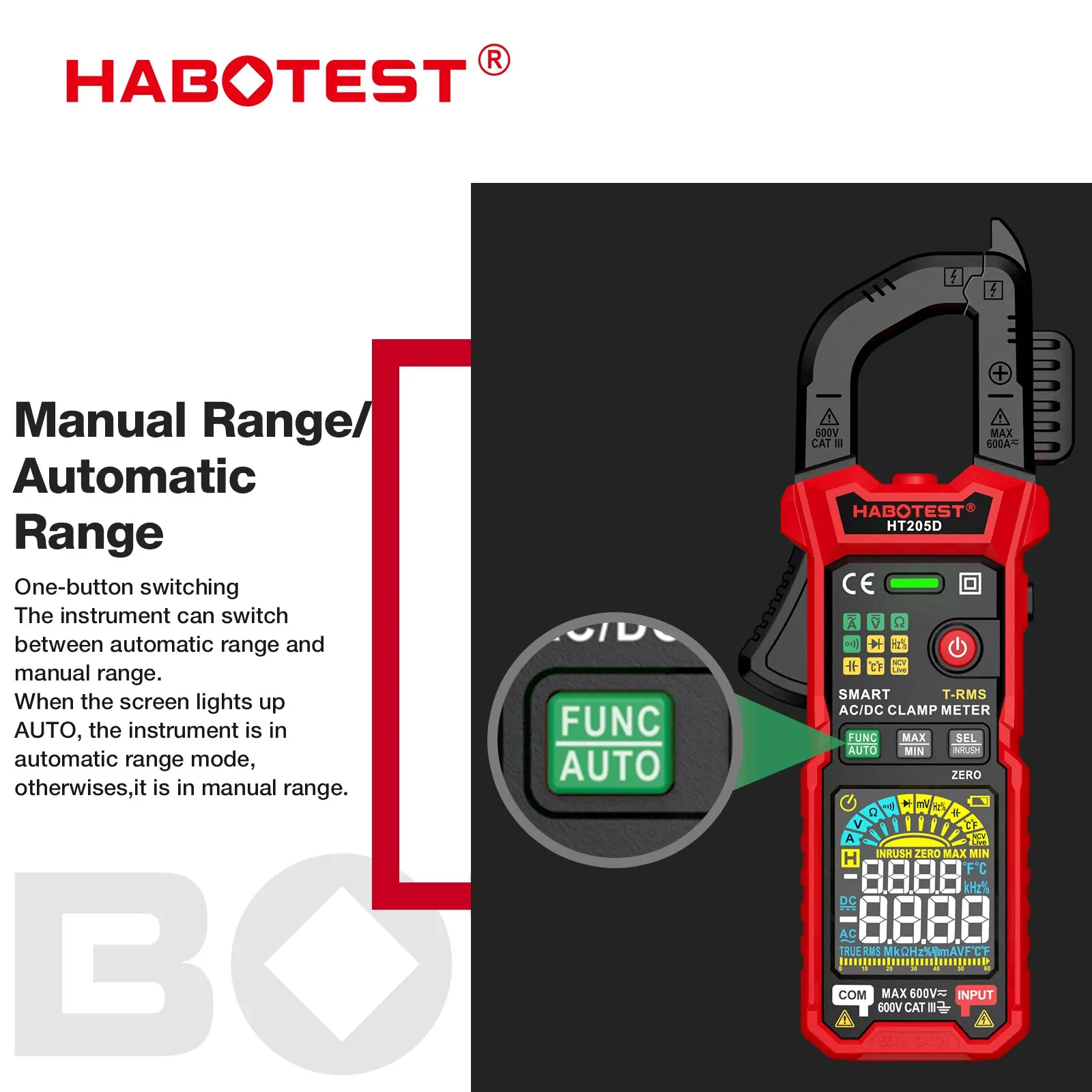 HABOTEST HT203/HT205/HT206 Clamp Meter Multimeter Auto Range True RMS NCV DC AC Voltage Current Temperature Professional Tester digital multimeter clamp meter