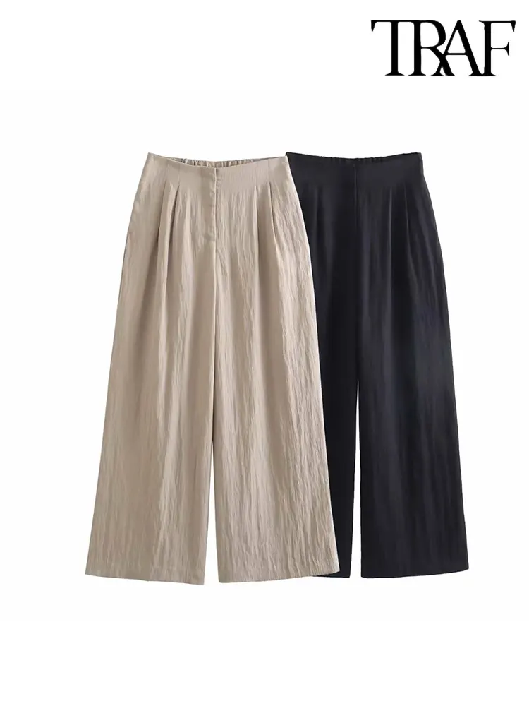 

TRAF 2023 Women Fashion Pleated Design Casual Wide Leg Pants Vintage High Waist Side Pockets Female Trousers Mujer