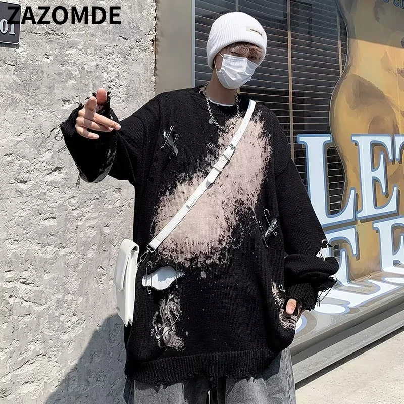 

ZAZOMDE Hip Hop Hole Sweater Men Sweaters Dark Gothic Fashion Loose Pullover Sweater Fashion Streetwear Punk Jumpers Men Clothes