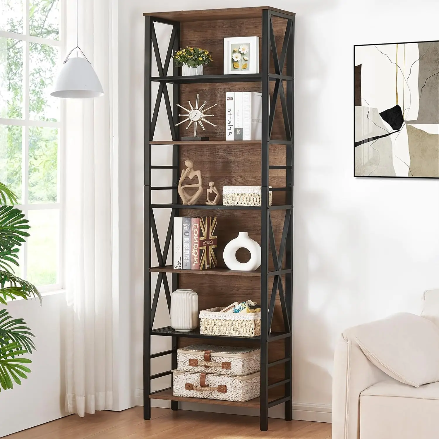 

Bookshelf, 6/7-Tier Bookshelf, Rustic Wood Metal Bookshelves and Bookcases, Freestanding Open , Living Room and Bedroom,