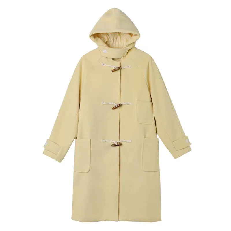 2023 Autumn Winter Casual Sweet X-long Oversized Hooded Wool Jacket For Women Outerwear Loose Solid Color Pockets Warm Coat