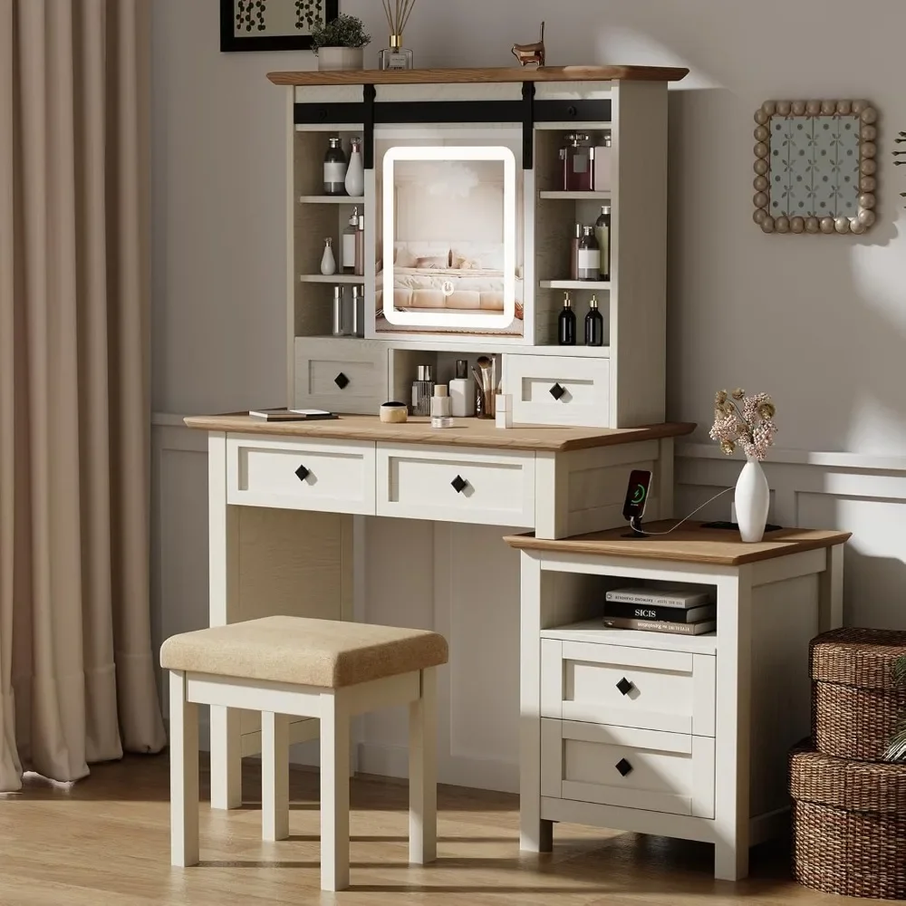 Farmhouse Makeup Vanity Desk with Sliding Mirror and Lights Antique White Makeup Vanity Table Set with Charging Station 6Drawers 5