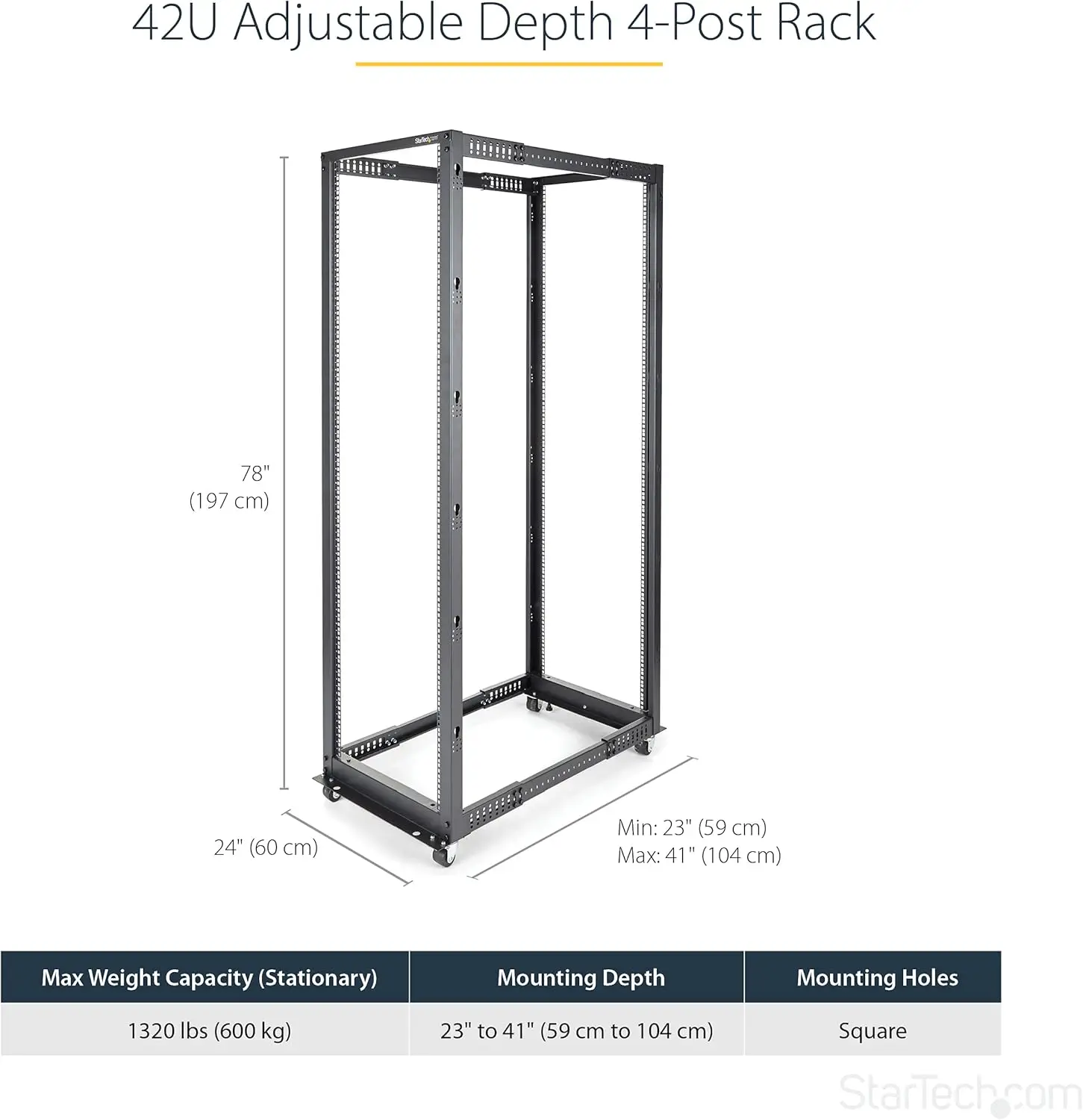 4-Post 42U Mobile Open Frame Server Rack, 19in Network Rack with Wheels, Rolling Rack for Computer AV/Data IT Equip