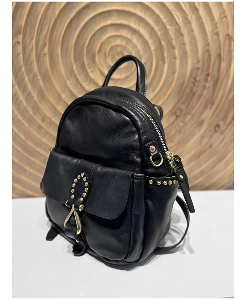 PNDME mode hohe qualität aus echtem leder frauen schwarz rucksack designer luxus kuh leder damen outdoor reise rucksack – Detail 2