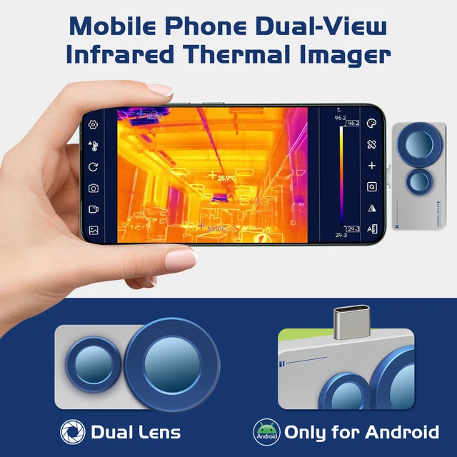 For Android Phone Thermal Imaging Camera, 256x192 IR Resolution & 640x480 Visible Camera, 25Hz Temp Alarm, Type-C Interface