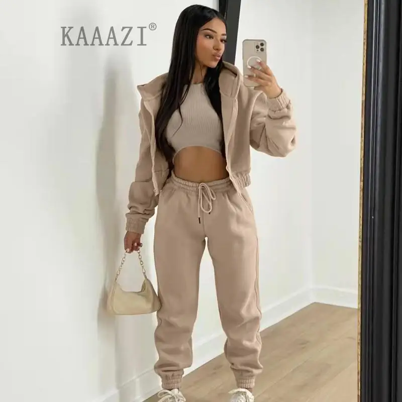 

KAAAZI Women Hoodies Autumn Winter Overcoat Casual Three Piece Set Suit Zipper Sweatshirt & Female Long Pants Sweatpants & Tank