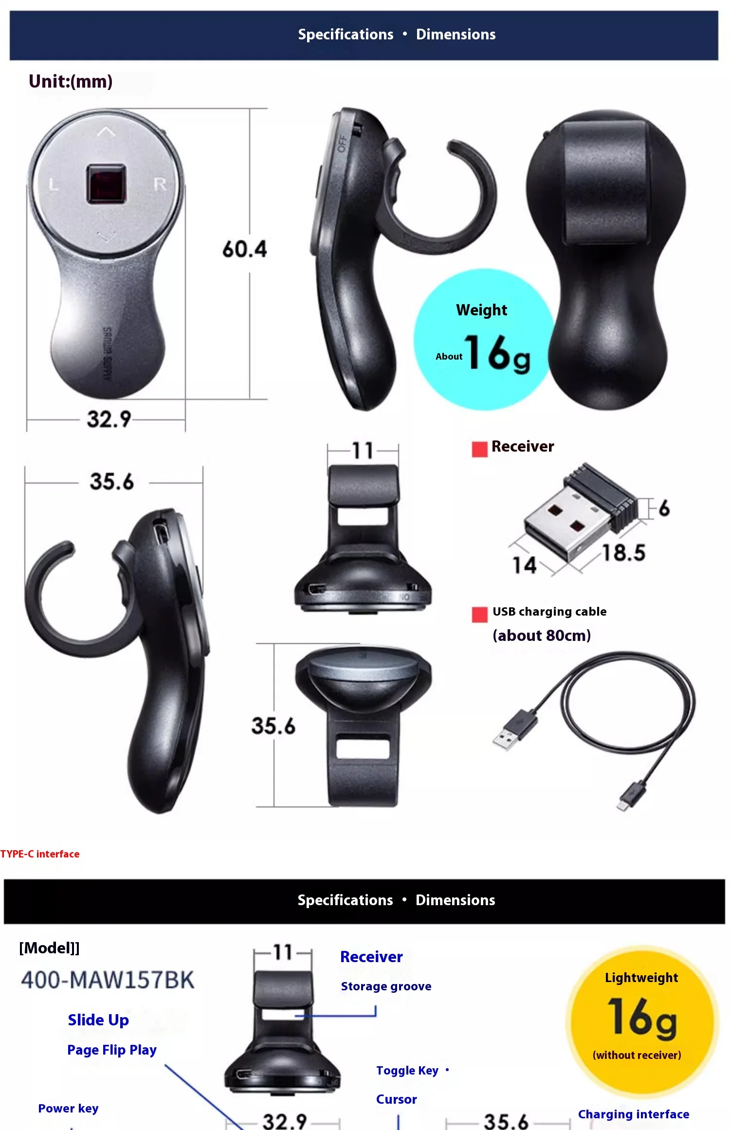 맞춤형 산와 W151 링 마우스 ? 블루투스 + 2.4G, 충전식, 검지 손가락에 착용, 노트북 및 프레젠테이션용 휴대 가능, 선물용