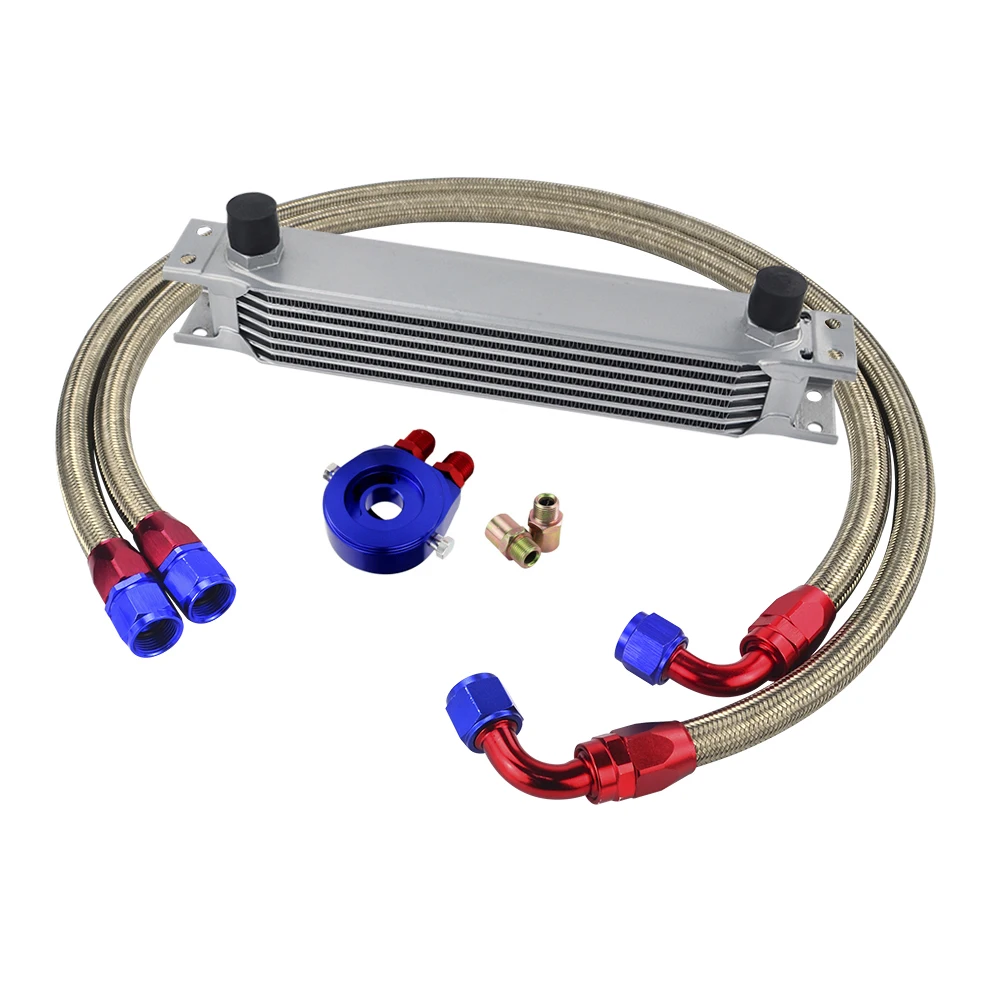 Oil Cooler Kit 7 Rows Oil Cooler Kit AN10 Transmission Oil Cooler Kit + Filter Adapter + Stainless Steel Braided Hose With PQY Sticker + Box
