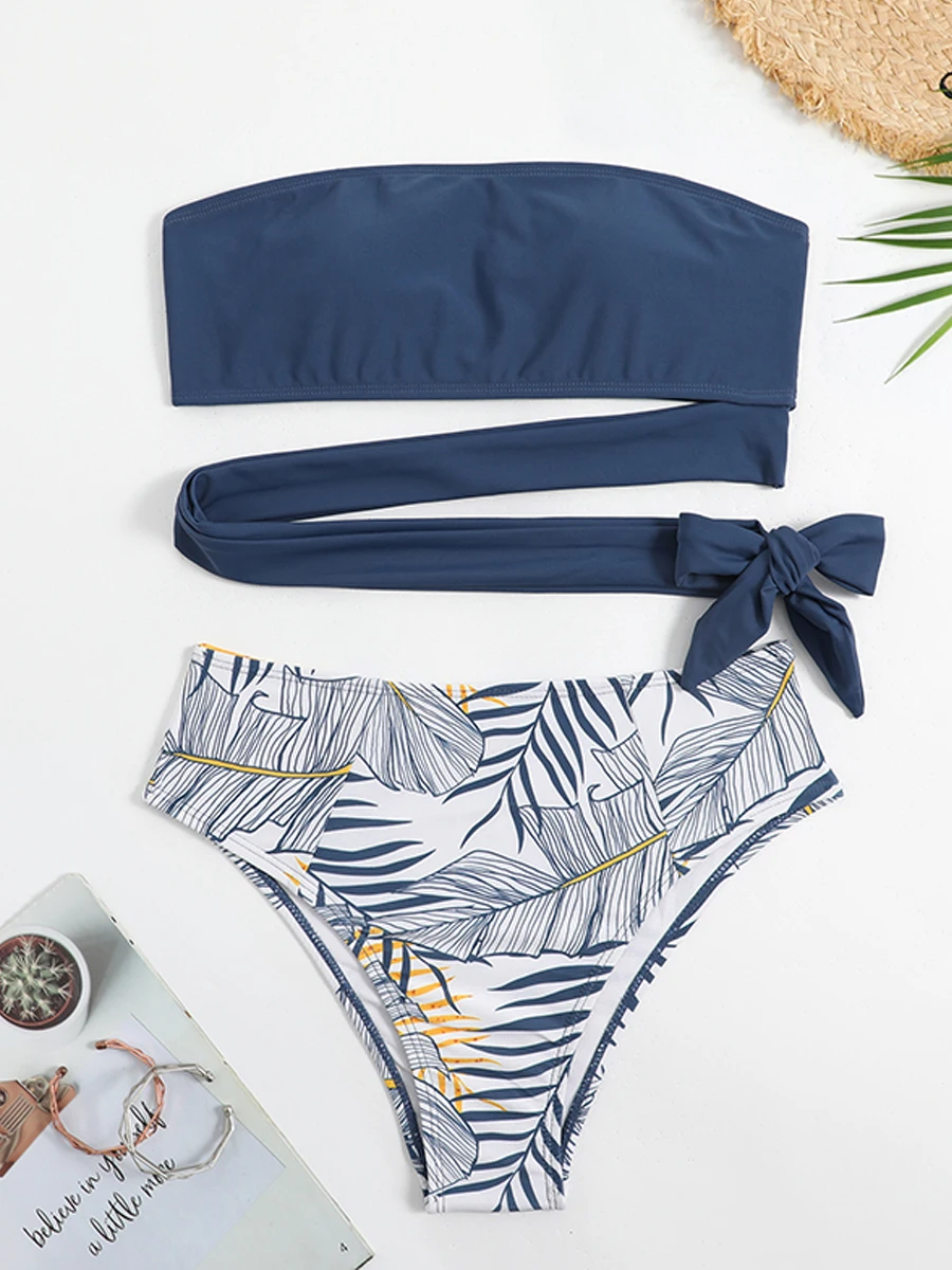 2023 Solid Tie Side Bandeau Bikini Women Triangle Swimsuit High Waist Swimwear Female Bather Bathing Suit Leaf Printed Beachwear