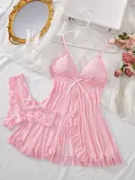 Ensemble de Lingerie Sexy pour femmes, soutien-gorge érotique, chemise de nuit, vêtements de nuit en dentelle, couleur unie, Slim, robes douces, col en V, Slip complet, vêtements de nuit et robes 3
