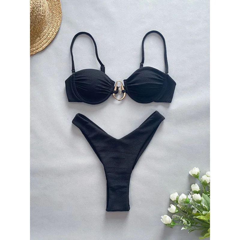 2024NewbikiniHigh Waist Bikini Solid Color Sexy Split Women's Swimsuit Swimsuit