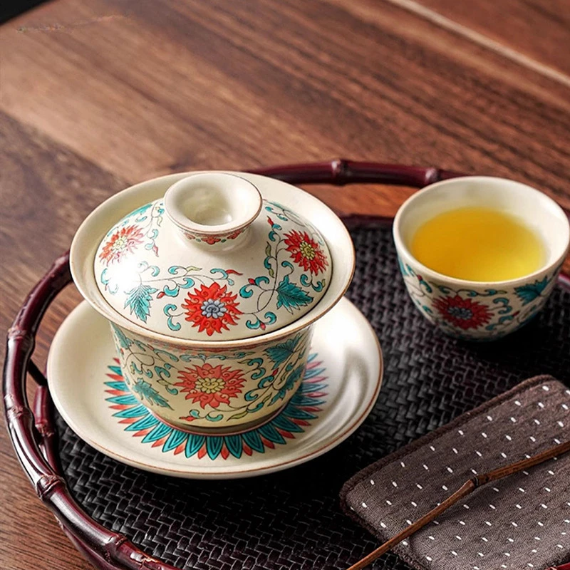 100ml Retro Blue and White Porcelain Gaiwan Chinese Ceramic Tea Bowl Home Tea Infuser Handmade Underglaze Color Set Teacup