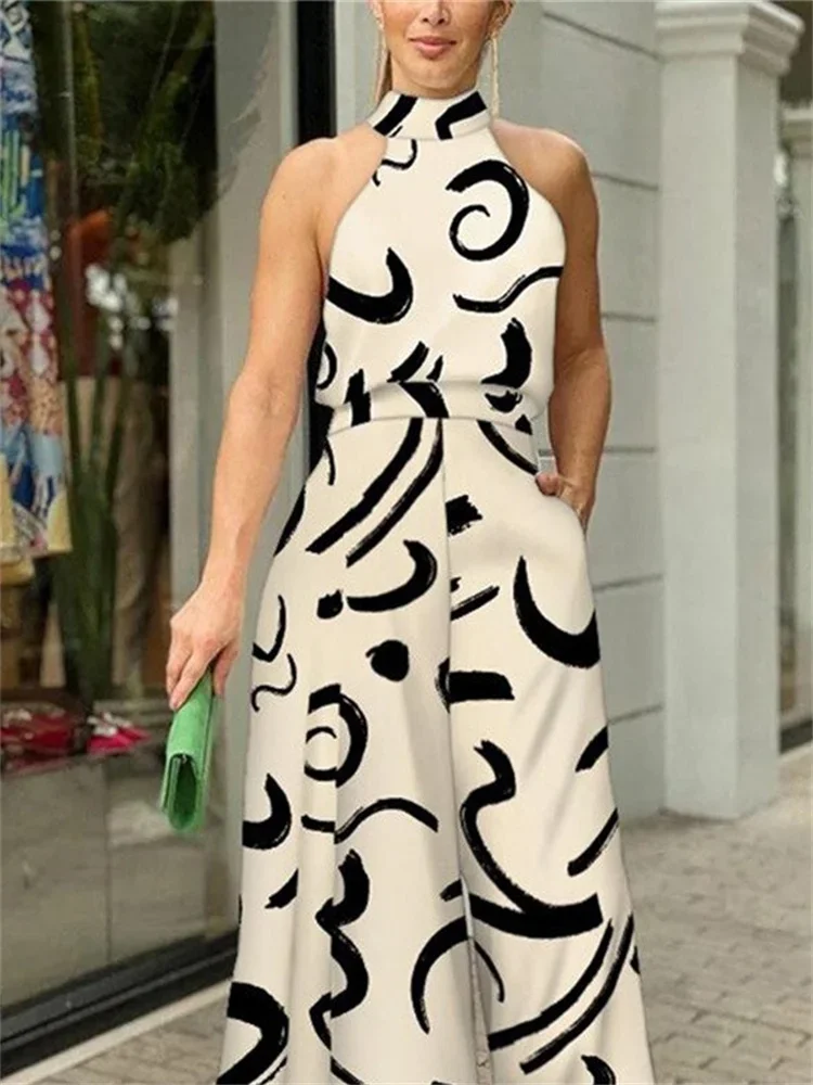 Wmstar One Piece Outfits Women's Jumpsuits Sleeveless Printed Office Lady Sexy Wide Leg Playsuits Summer Wholesale Dropshipping