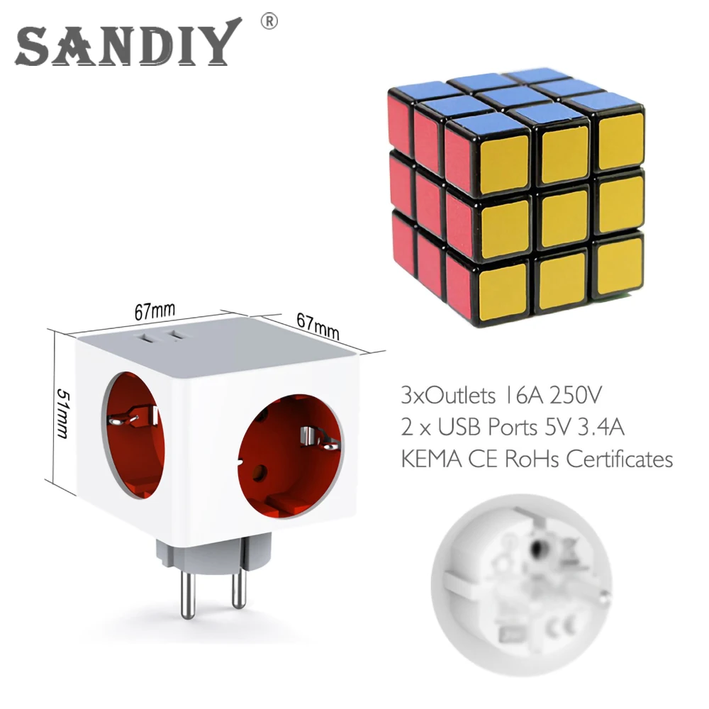 SANDIY  Ʈ ÷  ܼƮ EU 16A 220V  Ȯ   , 3 ÷ 2 USB Ʈũ  