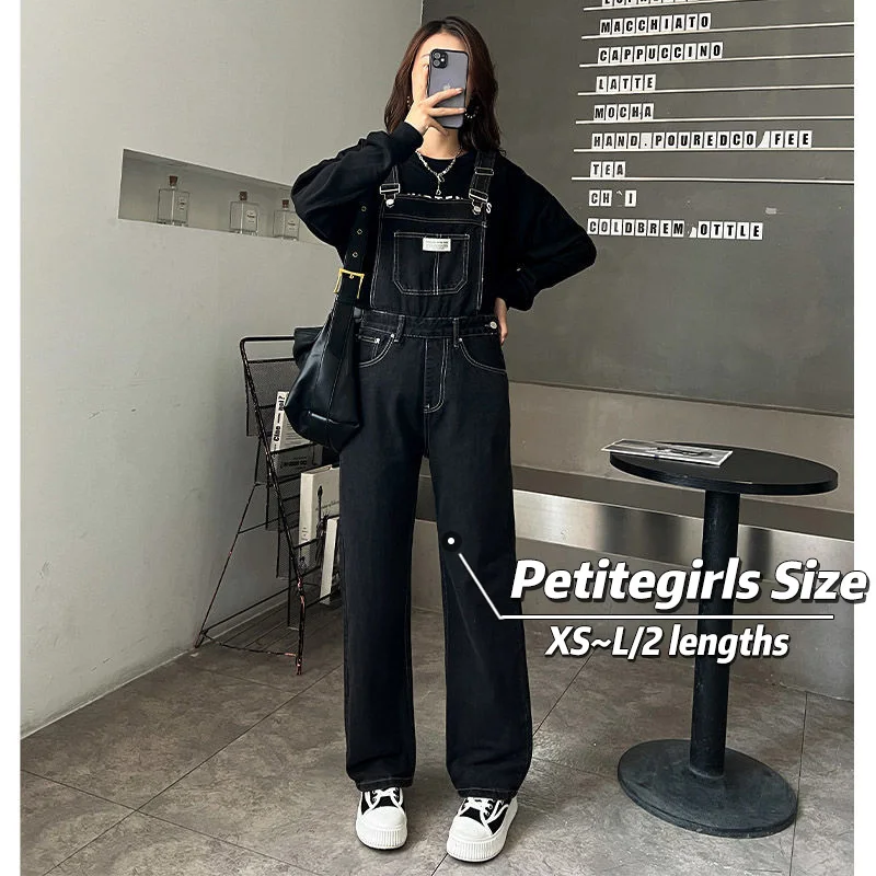 

150cm Petite girls Reduced Age Japanese Denim Strap Pants Women High Waist Straight Barrel Narrow Wide Leg One Piece Sling Pants