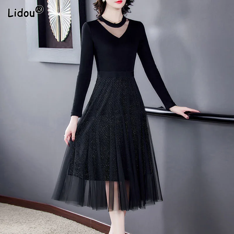 

Elegant Fashion Brocade Solid V-Neck Pullover Women's Clothing Gauze Spring Autumn A-line Skirt Mid-calf Popularity Dresses Wild