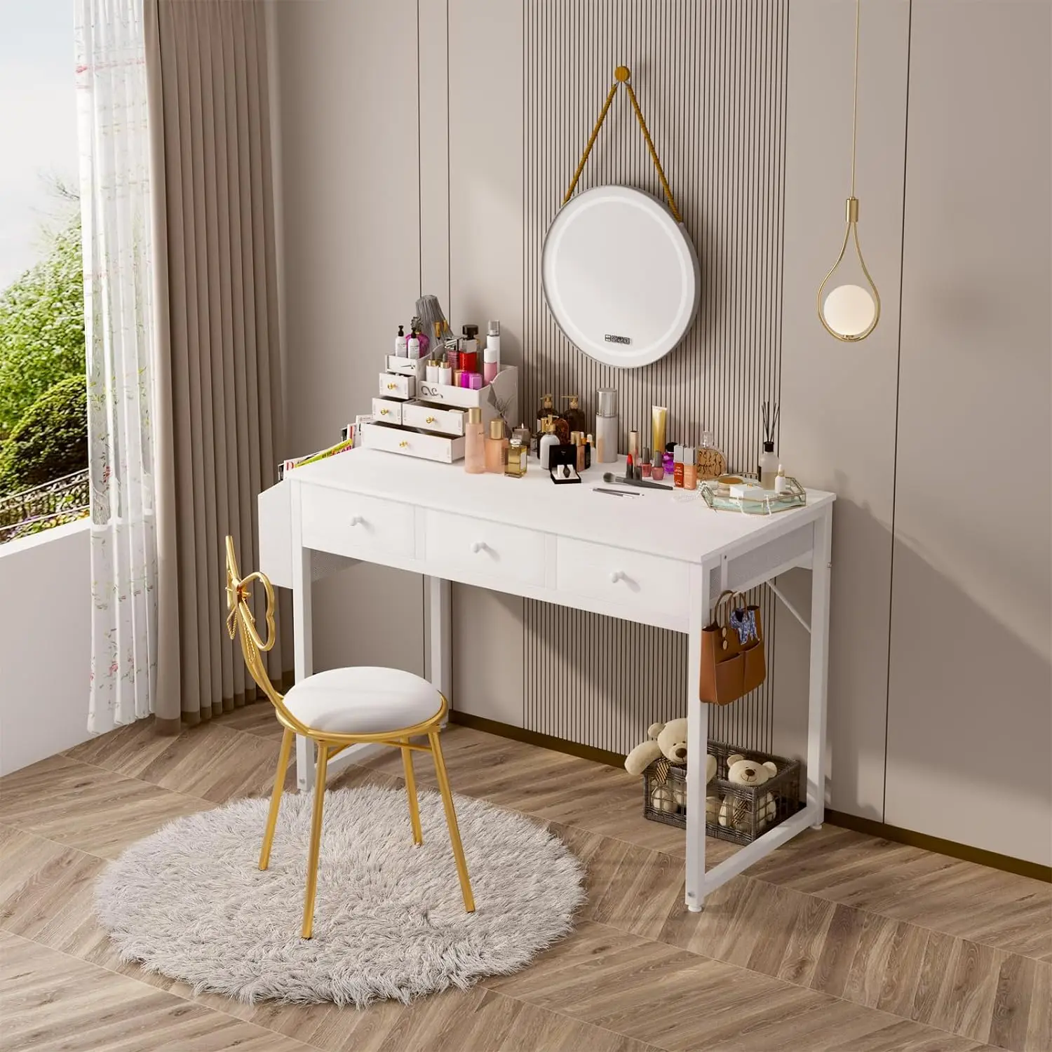 Lufeiya Small White Computer Desk with Fabric Drawers for Home Office Bedroom, 40 Inch Vanity Desk with Drawer Storage