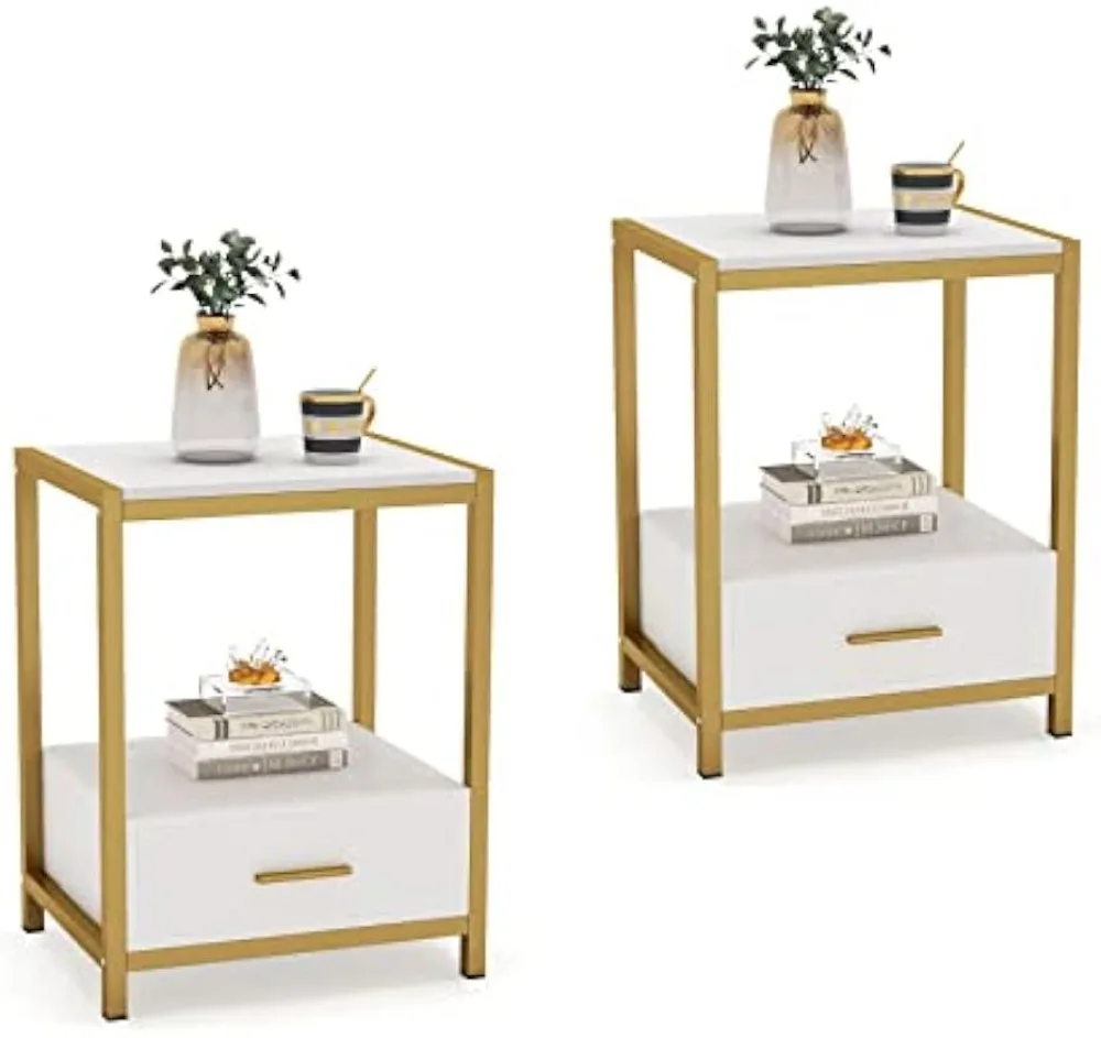 

Tall End Table Set of 2 with Drawers and Storage Shelf Modern Bedside Table Nightstands for Bedroom Living Room