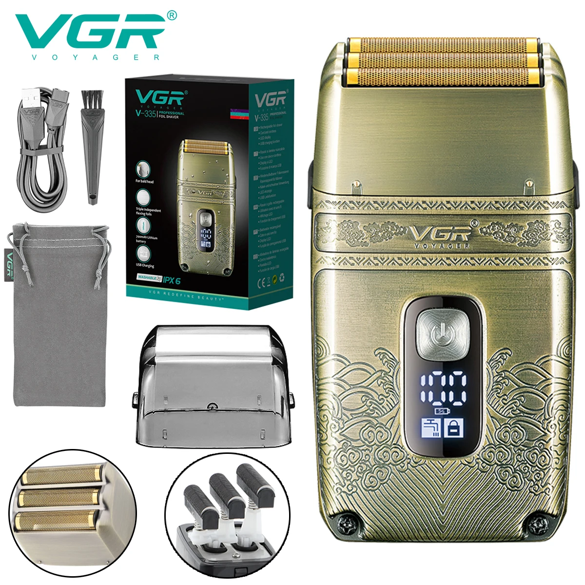 

VGR Electric Shaver Professional Shaver Metal Beard Trimmer Titanium Blade Triple Foil Shaver for Bald Head LED Display V-335