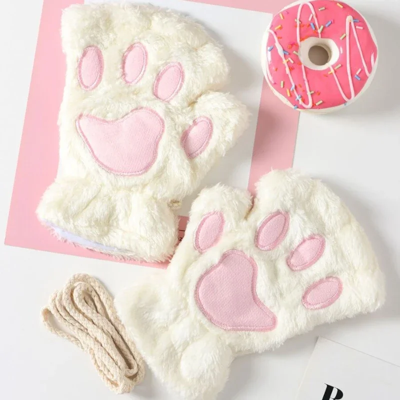 Lovely Plush Cat Claw Paw Gloves Plush Mittens Warm Plush Soft Short Fingerless Fluffy Bear Gloves Costume Half Finger Gloves