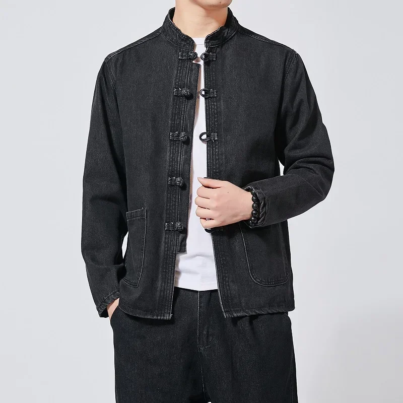 Men Chinese Style Shirt Autumn Men's Chinese Style Tang Suit Washed Denim Top Stand Collar Jacket Denim Jacket Men Casual Cotton coat Men