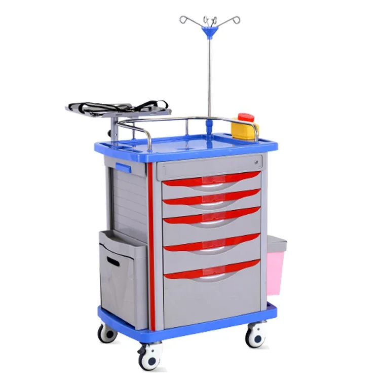 

5 Drawers Abs Plastic Emergency Resuscitation Hospital Crash Cart Medical Trolley Price Hospital Furniture Emergency Trolley