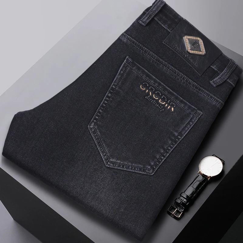2024 Autumn Winter New High Elasticity Men's Business Jeans Haze Blue Black Gray Denim Trousers Men's Pants Work Clothes Brand 5