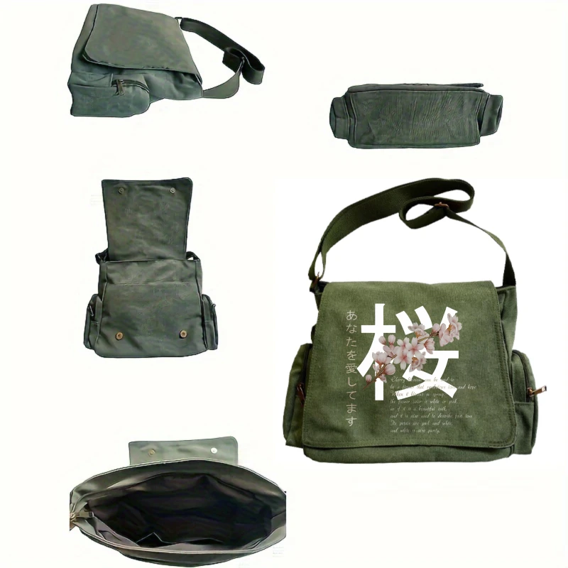 Japanese Style Women's Shoulder Bag Cherry Blossom Print Crossbody Bag Canvas Flap Vintage Messenger Bag Travel