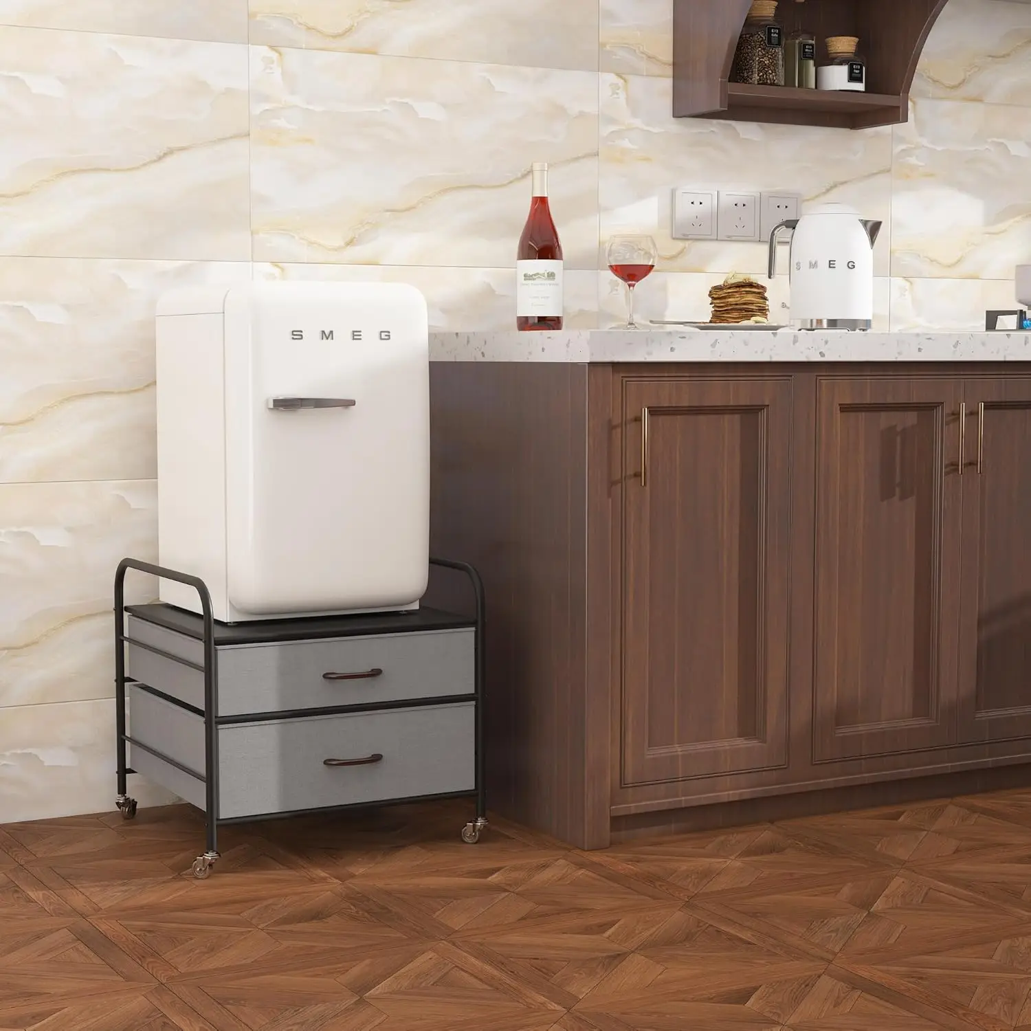Mini Fridge Stand, Fridge Stand with Storage, 2 Drawer Fridge Cart, Stand with Metal Frame and Fabric Drawers 4
