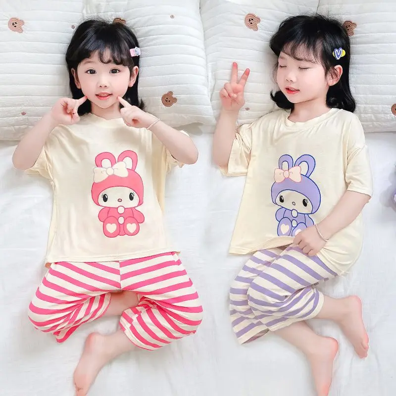 

Cute Kuromi My Melody Ice Silk Pajamas Kawaii Sanrio Anime Children Summer 2Pcs Set Girl Heart Cartoon Short-Sleeved Pants Kids