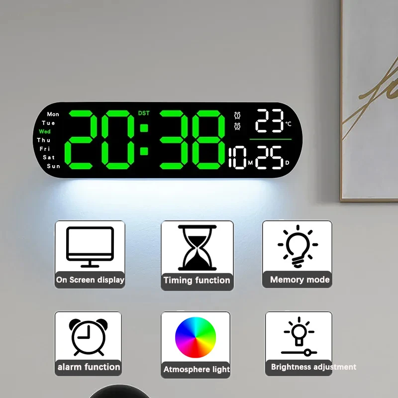 Digital Wall Clock Large LED Screen Temperature Humidity Display Electronic Alarm Clock Creative Home Decoration Remote Control