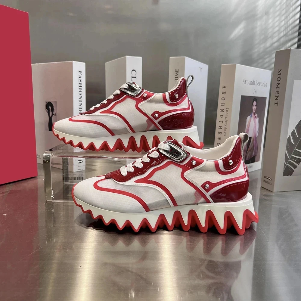 Couple Rivet Graffiti Thick Clunky Platform Dad Sneaker Shark Teeth Shaped Stitching Lace-Up Men Red Sole Comfort Slip-on Shoes