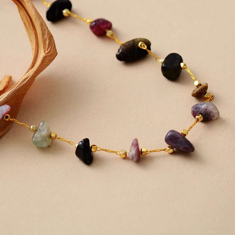 Women Necklace Luxe Simple Women Tourmaline Gold Plated Chain Lariat Chokers Necklace Designer Healing Crystal Beads Jewelry Femme Bijoux