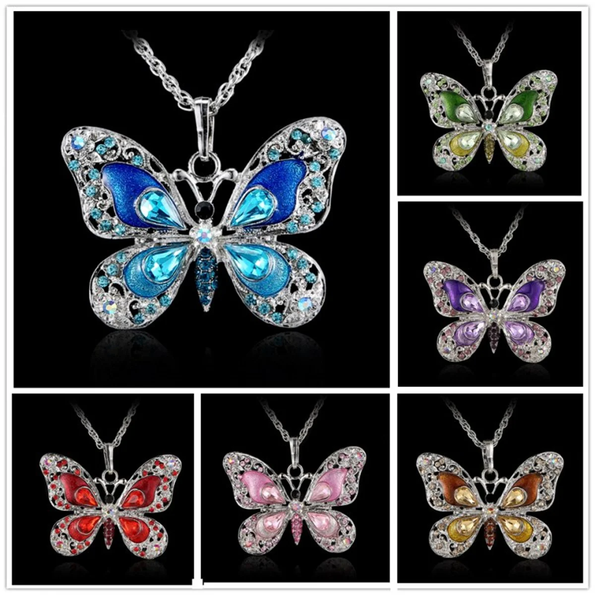 Vintage Colorful Crystal Butterfly Pendant Necklace For