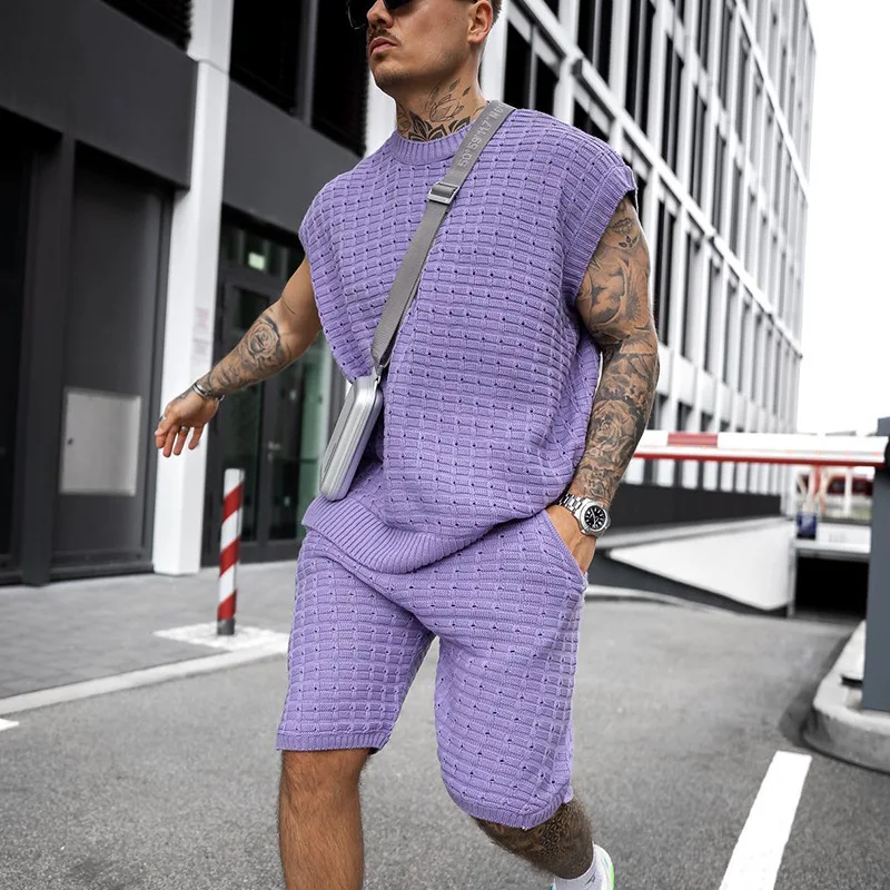 

Streetwear Summer Men Sports Outfits Short Sleeve Shirt Knitted Loose Two Piece Sets Casual O Neck Pullover Shorts Suits Set