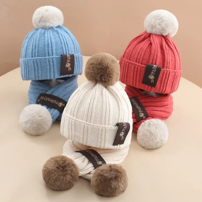 Autumn and Winter Children's Hat Scarf Set Warm Simple Woolen Cap Boys and Girls Knitted Hat Two-piece Baby