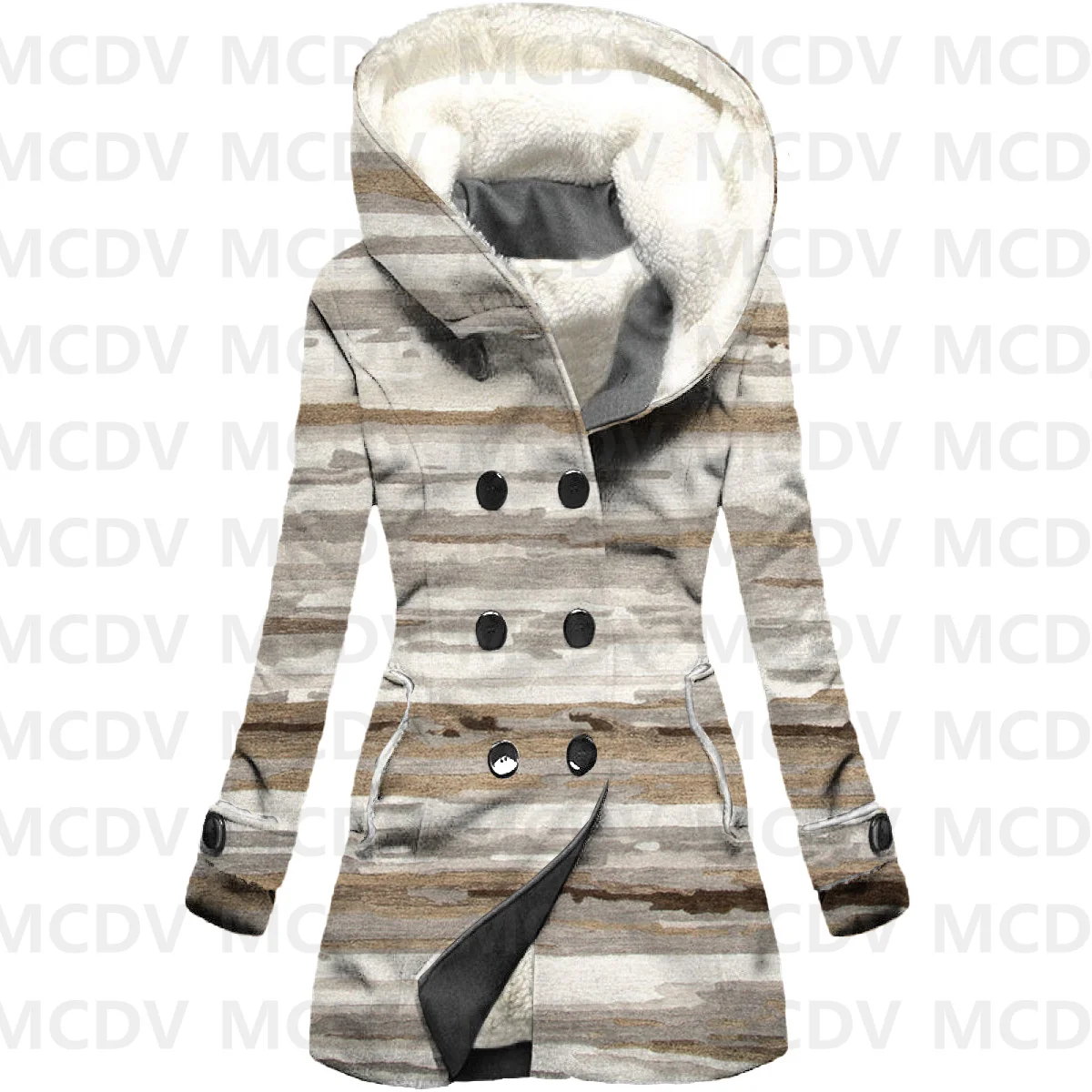 Retro Stripe 3D Printed Fleece Hooded Cloak Women Thick Warm Coat Women's Winter Warm Overcoat Casual Clothes