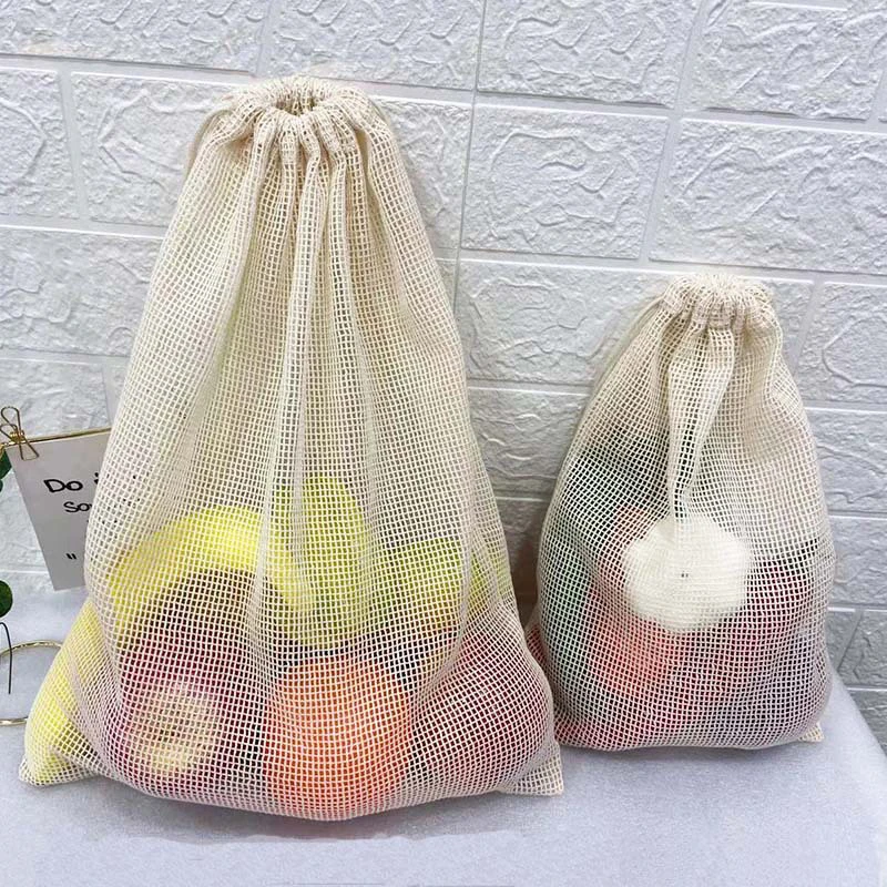 재사용 가능한 면 메쉬 생산 가방, 야채 과일 식품 주방용, 세척 가능한 그리드 보관 가방, 에코 스트링 가방, 주방 정리함
