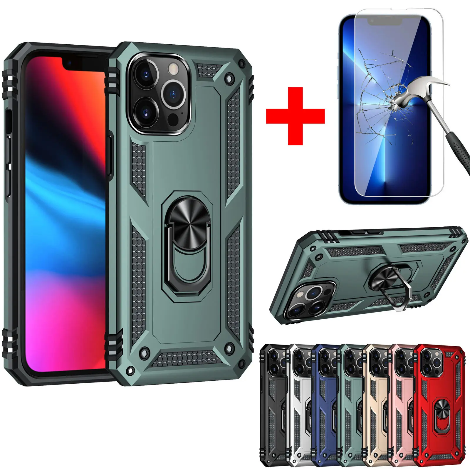

Shockproof Rugged Case with Metal Ring For Apple iPhone 13 12 11 Pro Max Case Ring Stand Cover+Tempered Glass