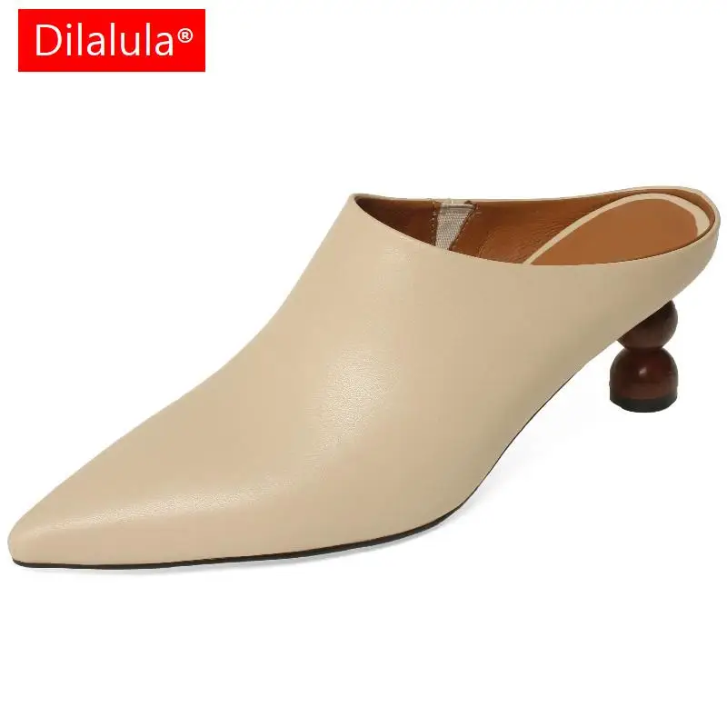 

Dilalula Women Pumps Summer Genuine Leather Mules Covered Pointed Toe Strange Heels Mules Office Party Sandals Shoes Woman