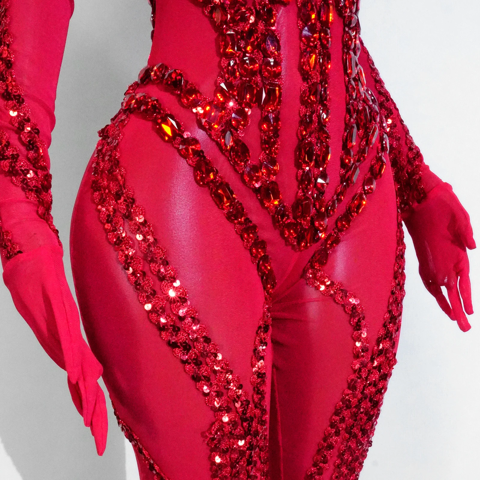Showgirl Costume See-through Glitter Red Rhinestone Jumpsuits