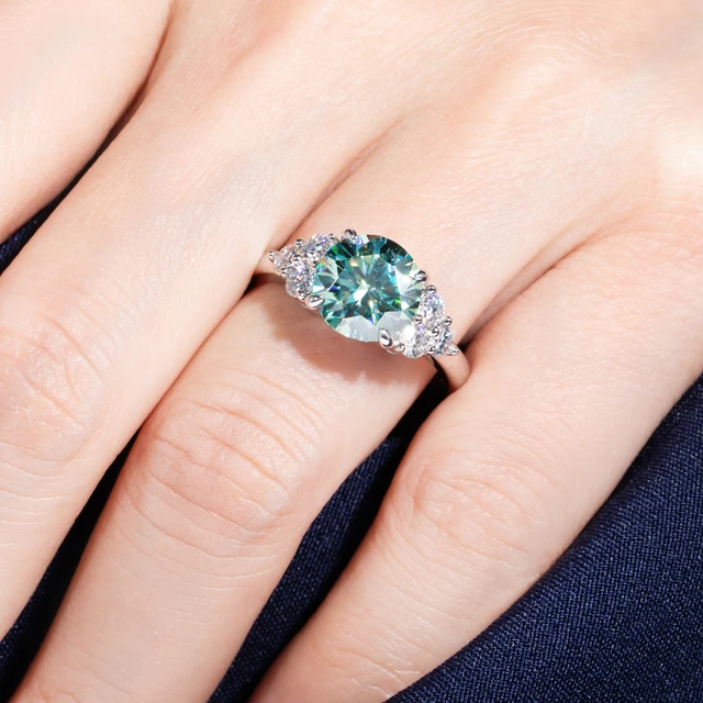 AnuJewel 3ct Round Cut Blue Green Color Moissanite Engagement Ring