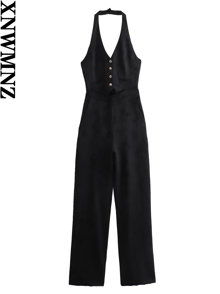 

XNWMNZ 2024 Women's Fashion Jacquard Waistcoat Jumpsuit Women High Street Halterneck V-neck Open Back Female Jumpsuit