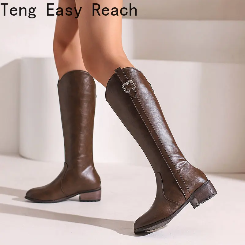 2023 New Women Knee High Boots Round head zipper Casual Low Heel Long Boots Autumn Winter Plus Size Ladies Shoes Black brown